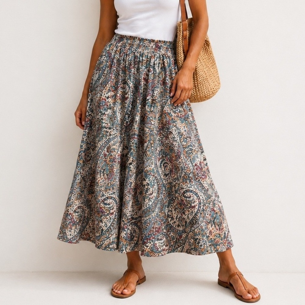 Vintage 90s Paisley Maxi Skirt Teal Burgundy Boho Made in USA Silky Size 6